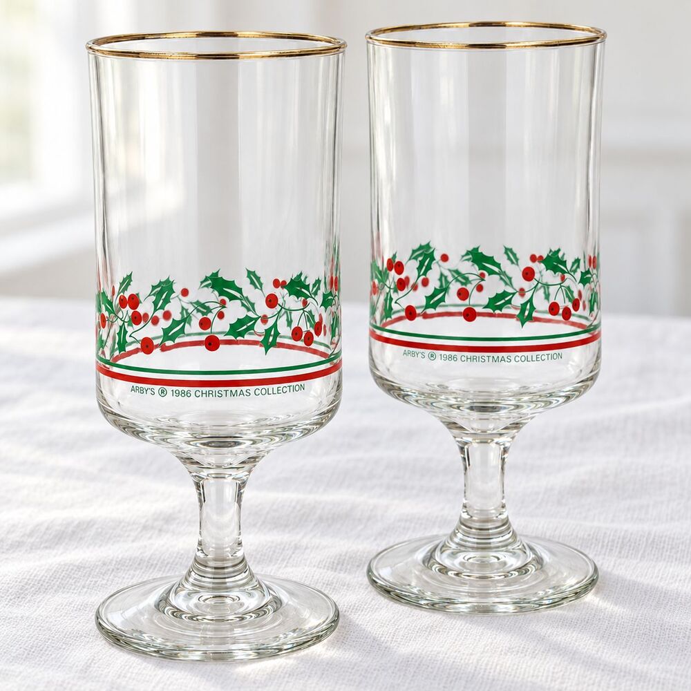 🎄Arby’s 1986 Christmas Collection Holly Goblets Gold Rim Set of 2 Vintage